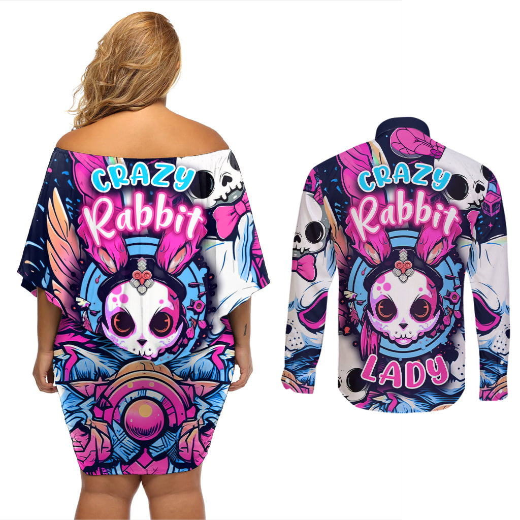 Crazy Rabbit Lady Couples Matching Off Shoulder Short Dress and Long Sleeve Button Shirts - Wonder Print Shop