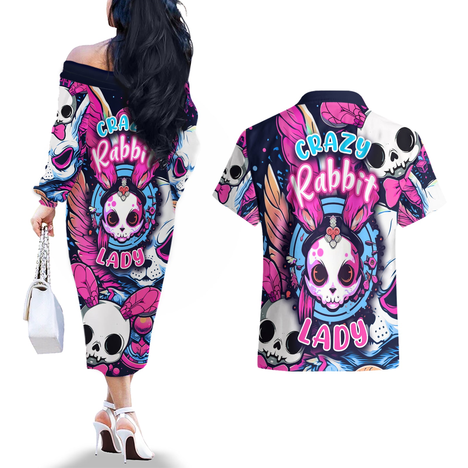 Crazy Rabbit Lady Couples Matching Off The Shoulder Long Sleeve Dress and Hawaiian Shirt - Wonder Print Shop