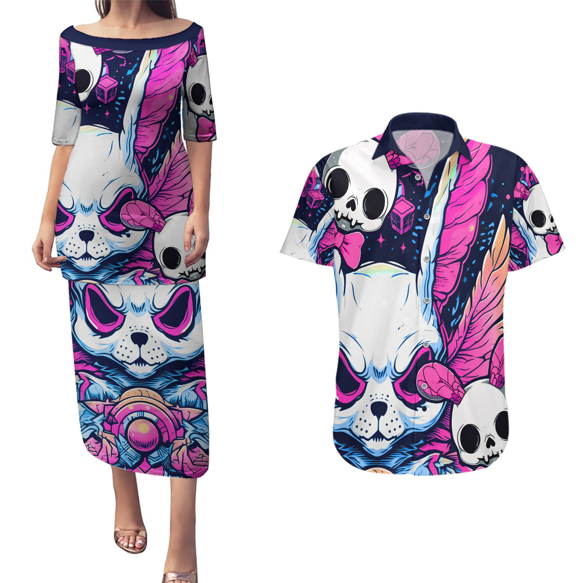 Crazy Rabbit Lady Couples Matching Puletasi Dress and Hawaiian Shirt - Wonder Print Shop
