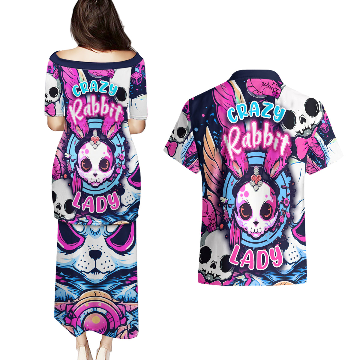 Crazy Rabbit Lady Couples Matching Puletasi Dress and Hawaiian Shirt - Wonder Print Shop