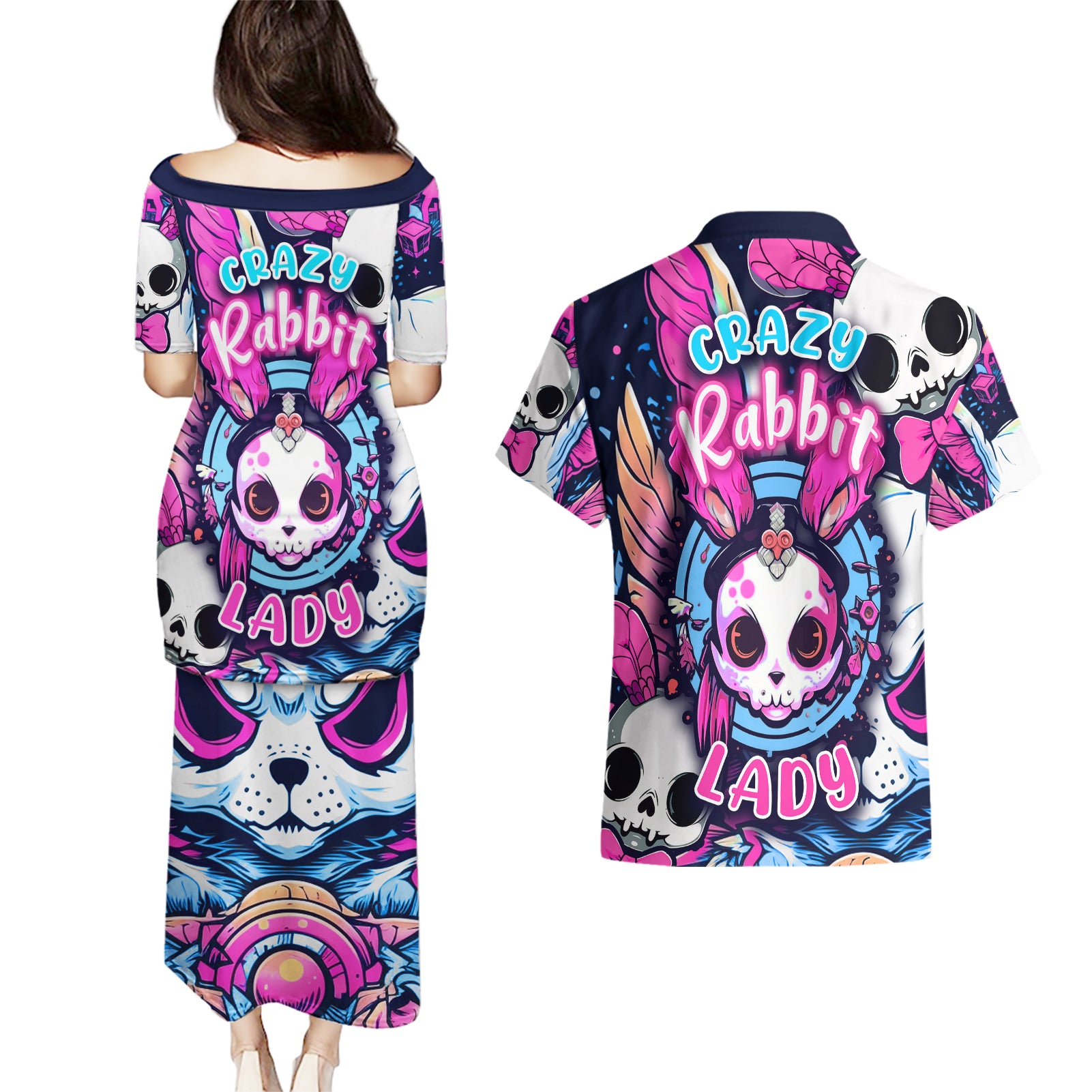 Crazy Rabbit Lady Couples Matching Puletasi Dress and Hawaiian Shirt - Wonder Print Shop