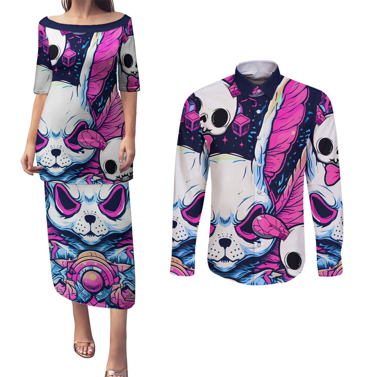 Crazy Rabbit Lady Couples Matching Puletasi Dress and Long Sleeve Button Shirts - Wonder Print Shop