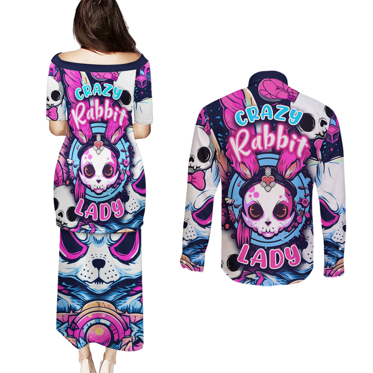 Crazy Rabbit Lady Couples Matching Puletasi Dress and Long Sleeve Button Shirts - Wonder Print Shop