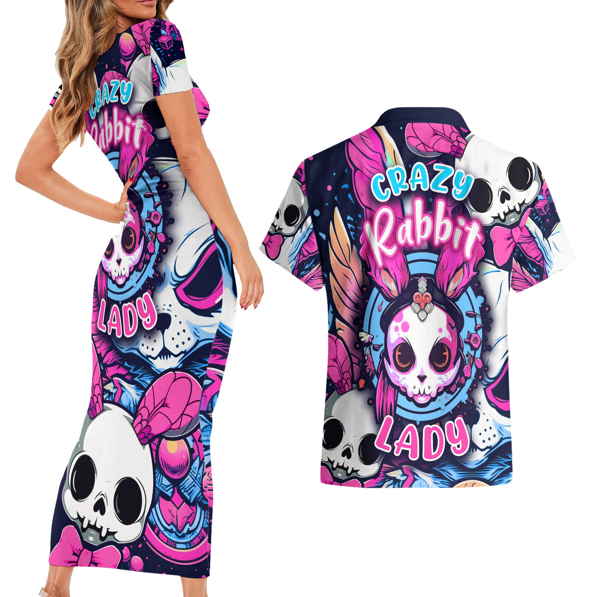 Crazy Rabbit Lady Couples Matching Short Sleeve Bodycon Dress and Hawaiian Shirt - Wonder Print Shop