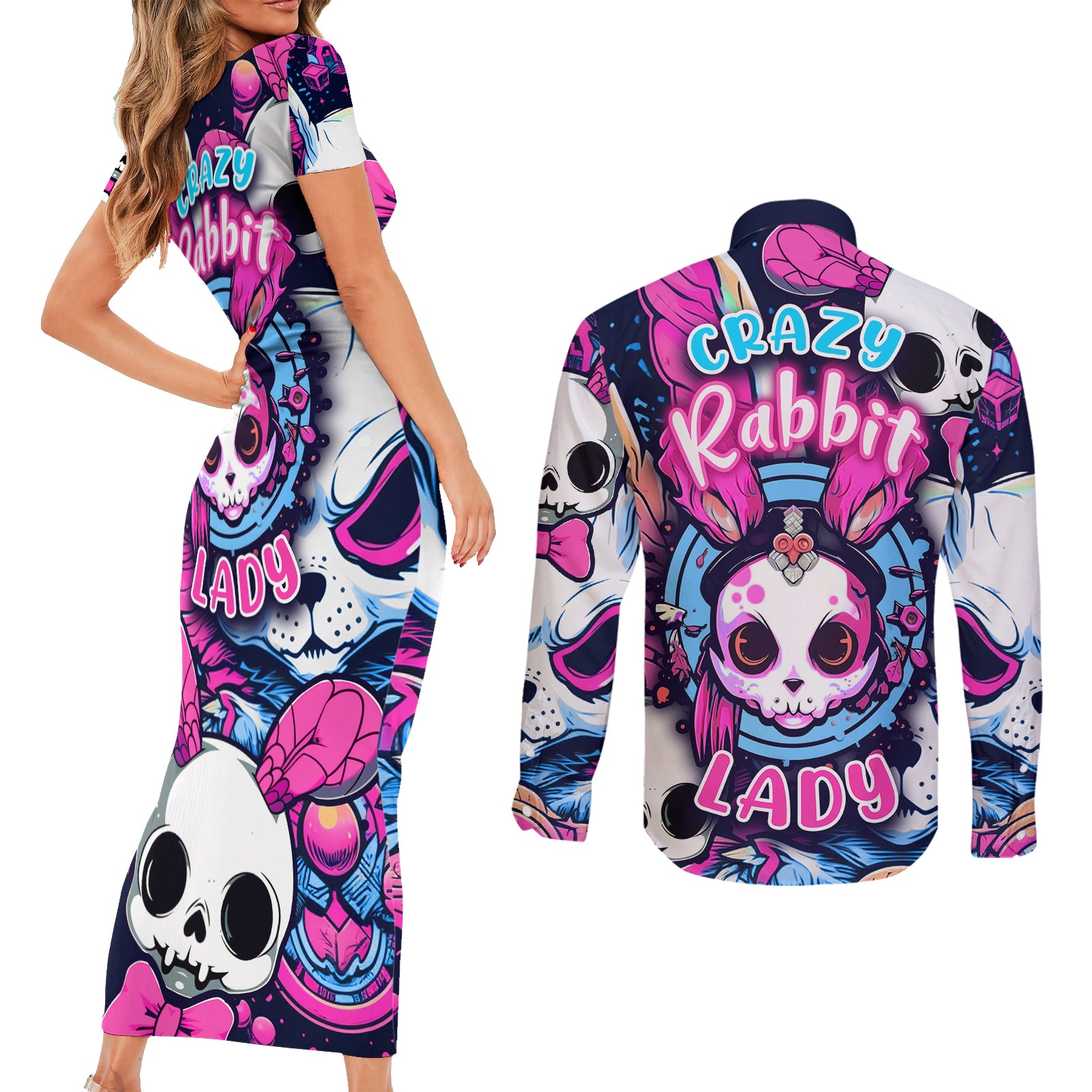 Crazy Rabbit Lady Couples Matching Short Sleeve Bodycon Dress and Long Sleeve Button Shirts - Wonder Print Shop