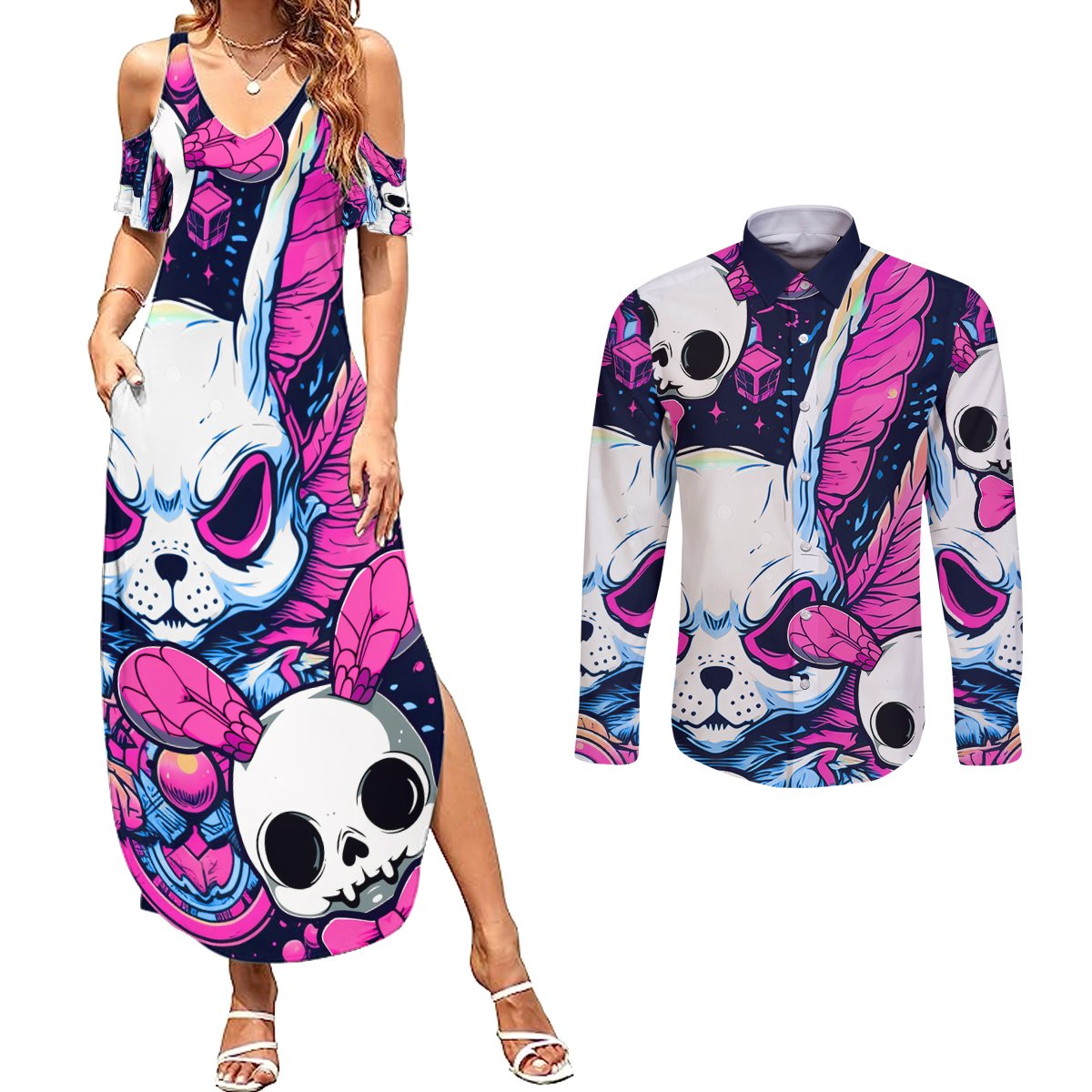 Crazy Rabbit Lady Couples Matching Summer Maxi Dress and Long Sleeve Button Shirts - Wonder Print Shop