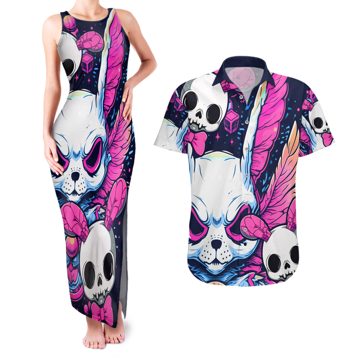 Crazy Rabbit Lady Couples Matching Tank Maxi Dress and Hawaiian Shirt - Wonder Print Shop