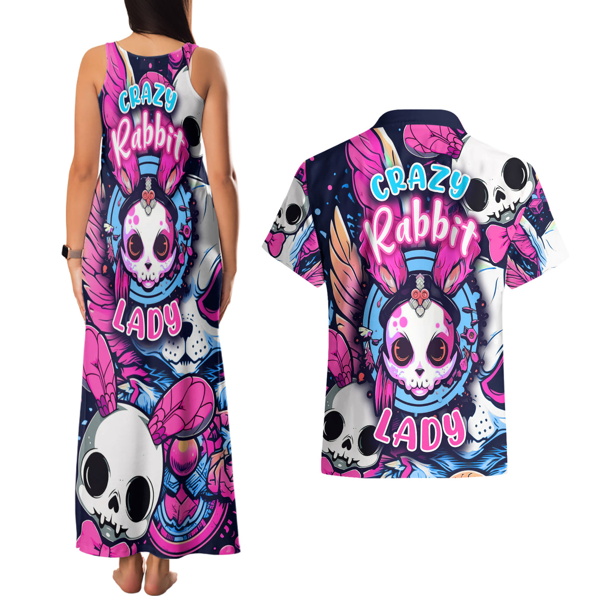 Crazy Rabbit Lady Couples Matching Tank Maxi Dress and Hawaiian Shirt - Wonder Print Shop