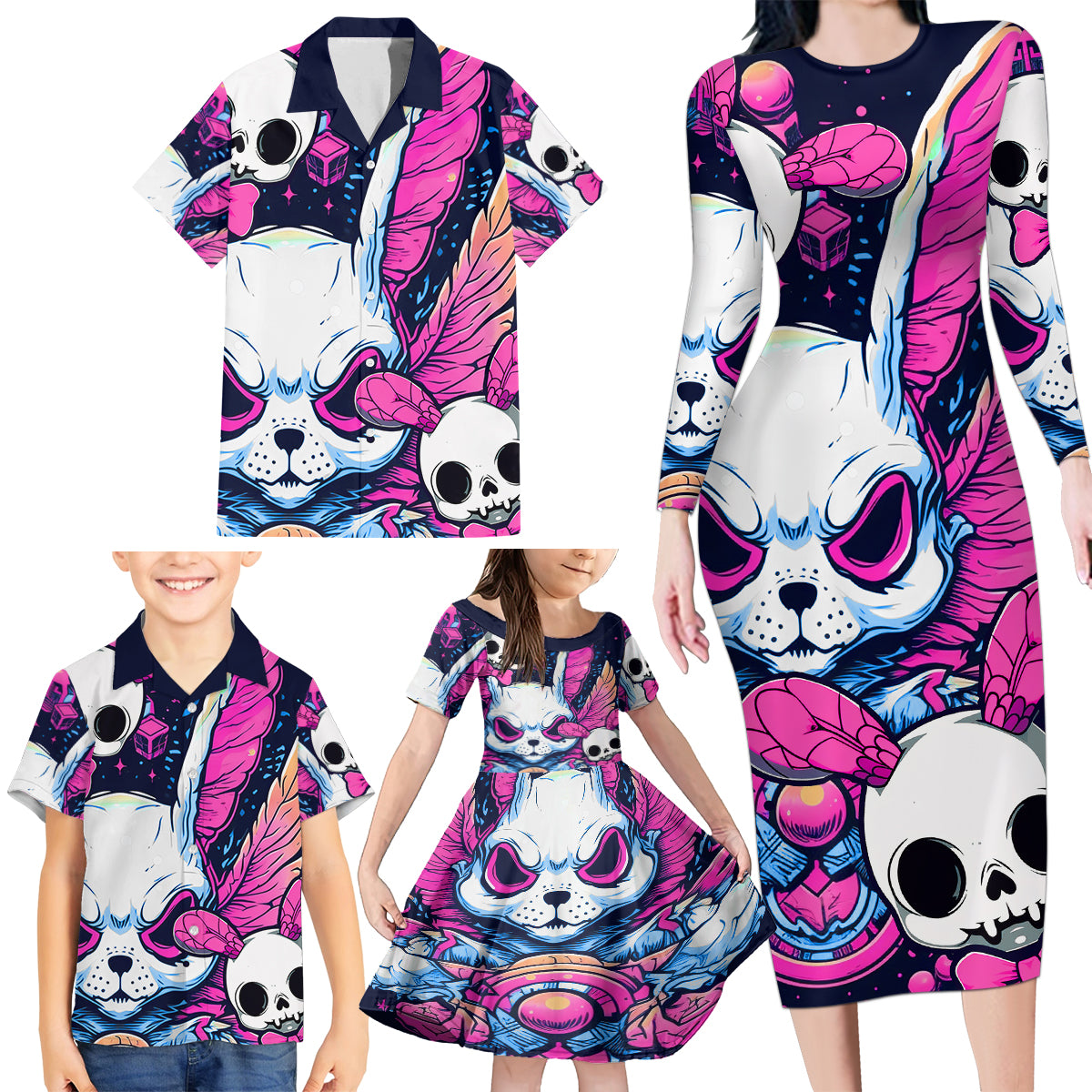 Crazy Rabbit Lady Family Matching Long Sleeve Bodycon Dress and Hawaiian Shirt - Wonder Print Shop