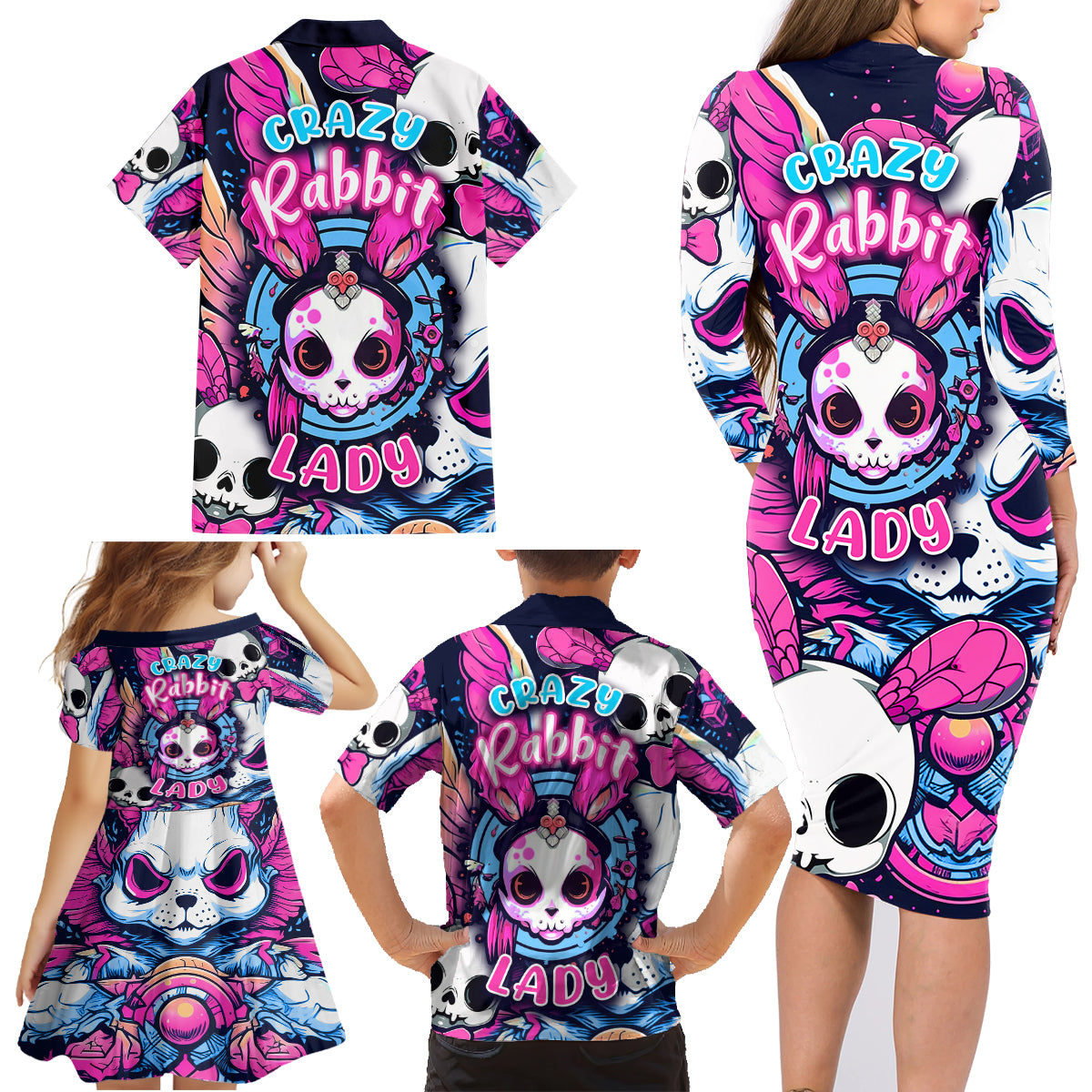 Crazy Rabbit Lady Family Matching Long Sleeve Bodycon Dress and Hawaiian Shirt - Wonder Print Shop