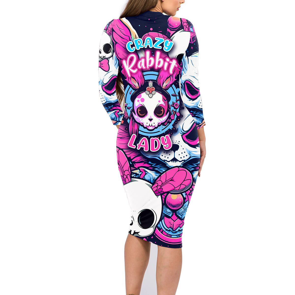 Crazy Rabbit Lady Family Matching Long Sleeve Bodycon Dress and Hawaiian Shirt - Wonder Print Shop