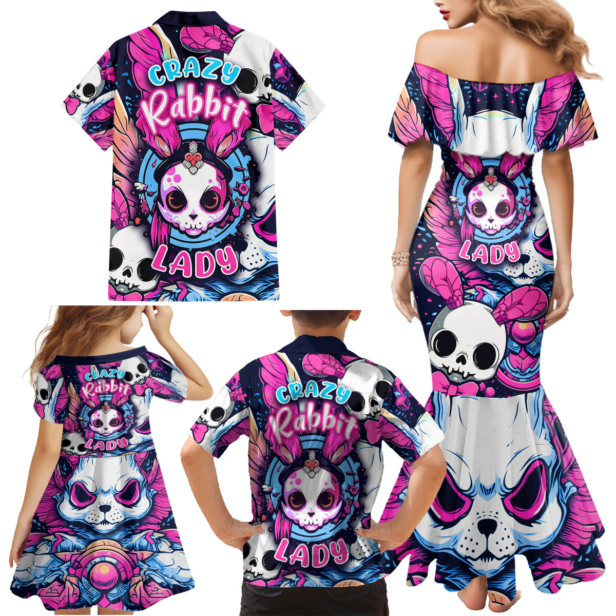 Crazy Rabbit Lady Family Matching Mermaid Dress and Hawaiian Shirt - Wonder Print Shop