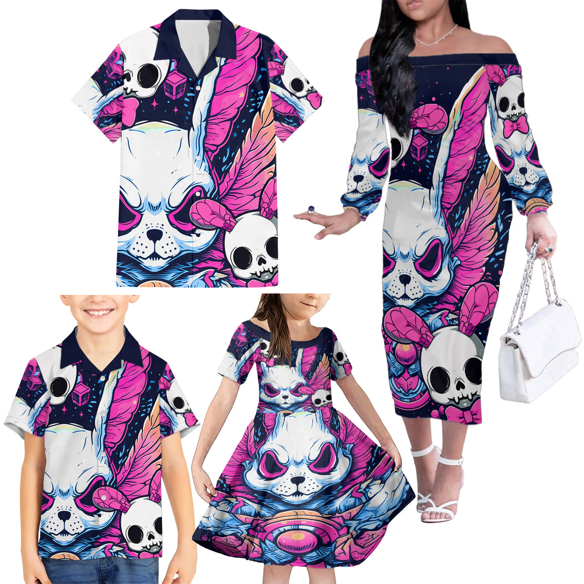Crazy Rabbit Lady Family Matching Off Shoulder Long Sleeve Dress and Hawaiian Shirt - Wonder Print Shop