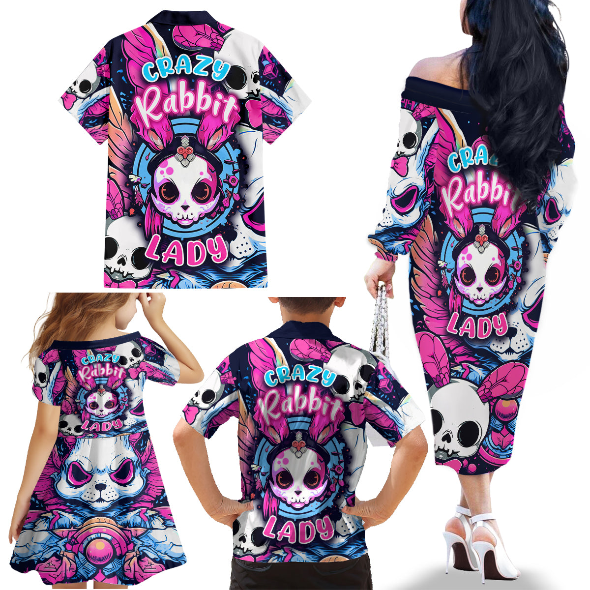 Crazy Rabbit Lady Family Matching Off Shoulder Long Sleeve Dress and Hawaiian Shirt - Wonder Print Shop