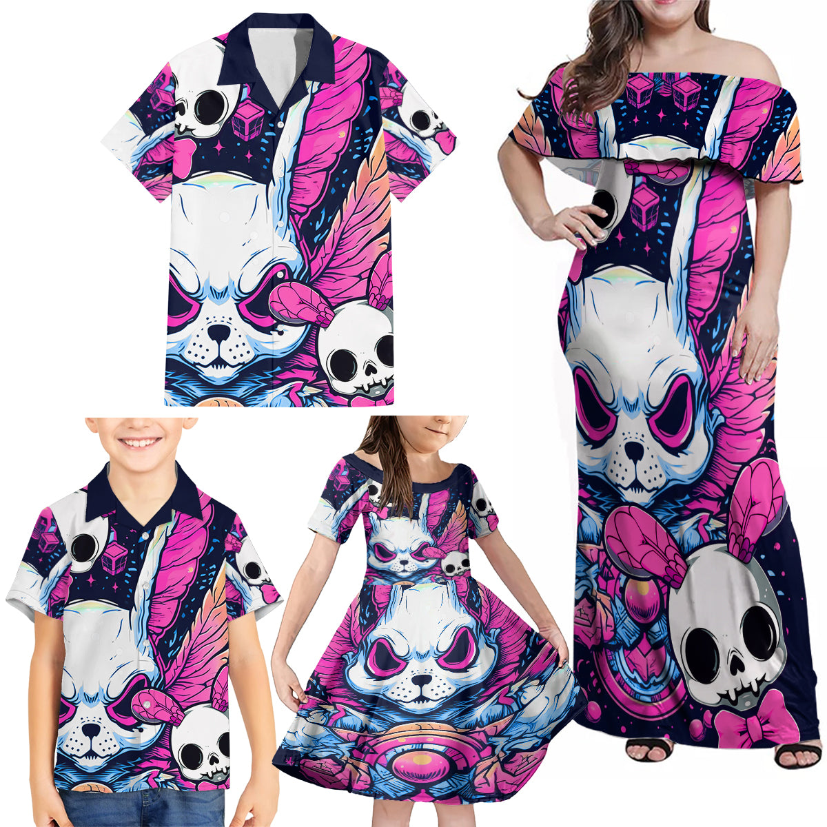 Crazy Rabbit Lady Family Matching Off Shoulder Maxi Dress and Hawaiian Shirt - Wonder Print Shop