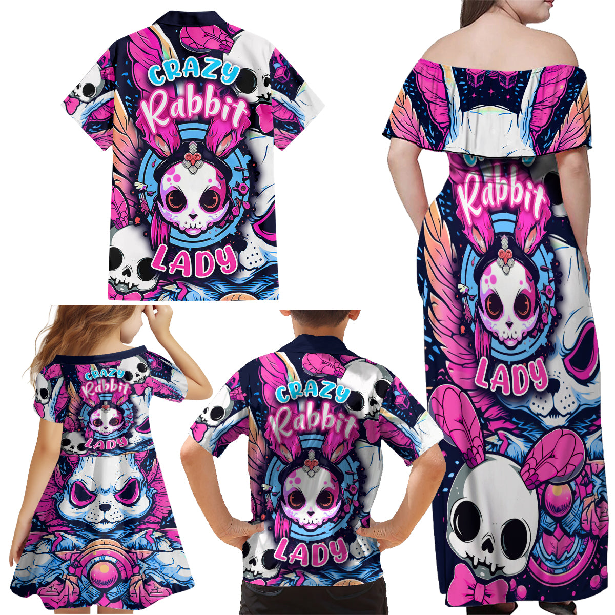 Crazy Rabbit Lady Family Matching Off Shoulder Maxi Dress and Hawaiian Shirt - Wonder Print Shop
