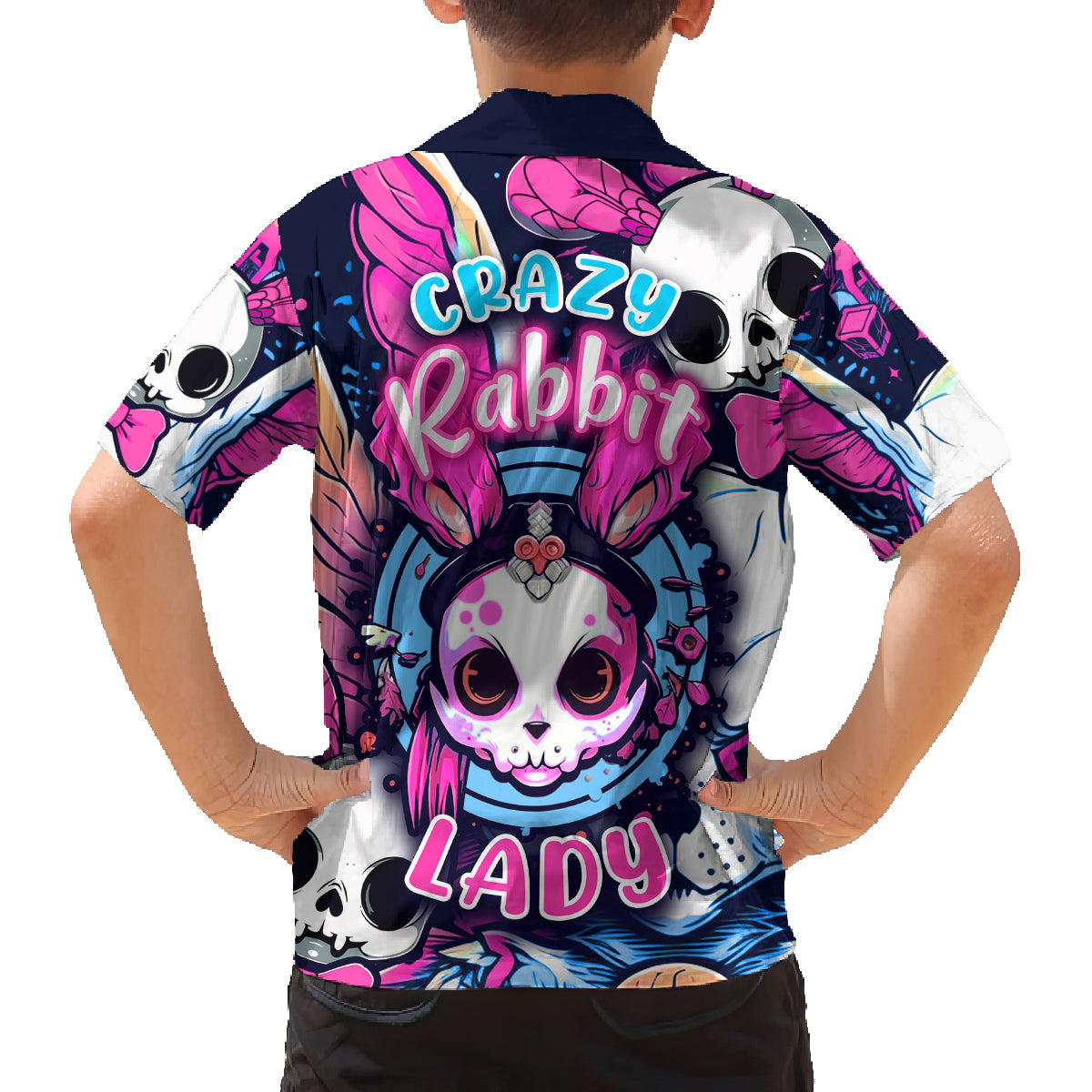 Crazy Rabbit Lady Family Matching Off Shoulder Short Dress and Hawaiian Shirt - Wonder Print Shop