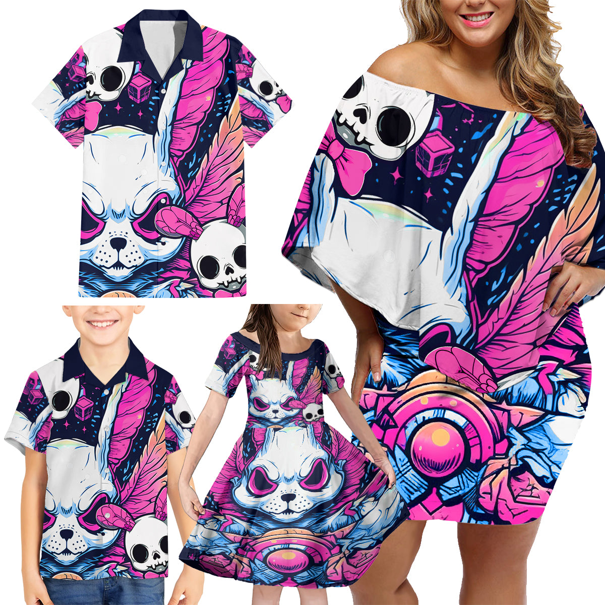 Crazy Rabbit Lady Family Matching Off Shoulder Short Dress and Hawaiian Shirt - Wonder Print Shop