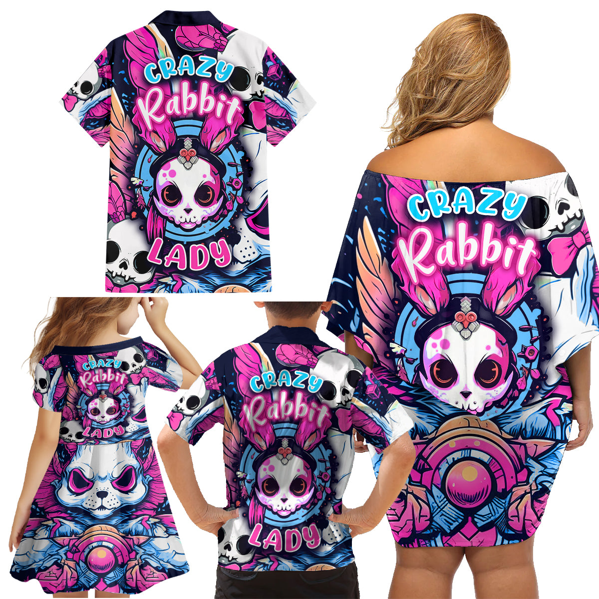 Crazy Rabbit Lady Family Matching Off Shoulder Short Dress and Hawaiian Shirt - Wonder Print Shop