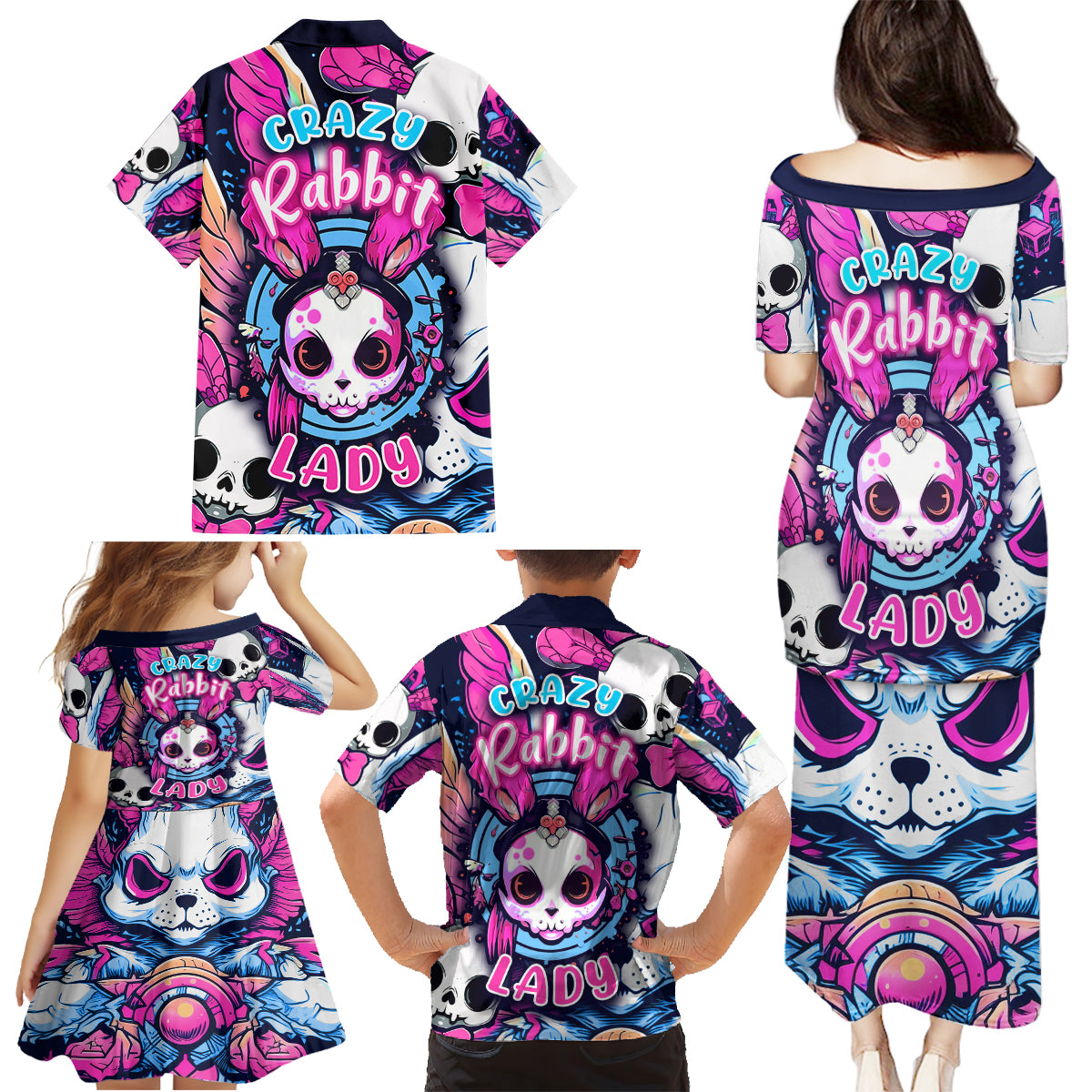 Crazy Rabbit Lady Family Matching Puletasi Dress and Hawaiian Shirt - Wonder Print Shop