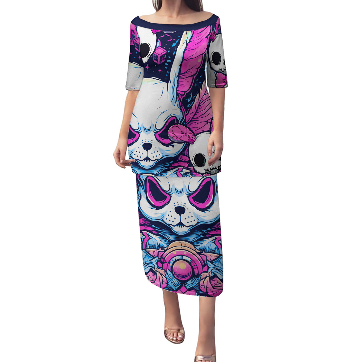 Crazy Rabbit Lady Family Matching Puletasi Dress and Hawaiian Shirt - Wonder Print Shop