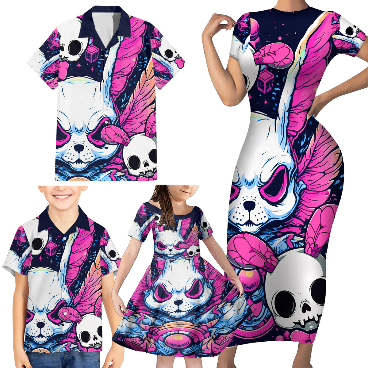 Crazy Rabbit Lady Family Matching Short Sleeve Bodycon Dress and Hawaiian Shirt - Wonder Print Shop