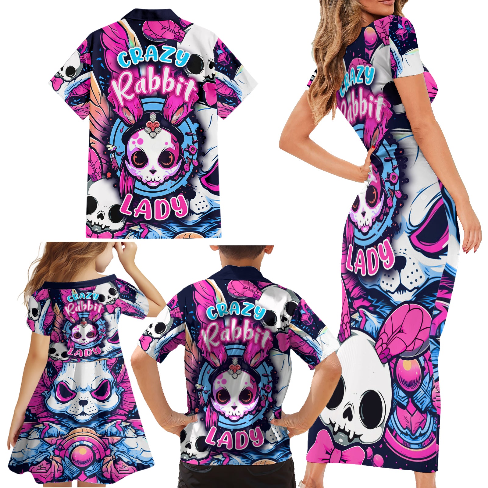 Crazy Rabbit Lady Family Matching Short Sleeve Bodycon Dress and Hawaiian Shirt - Wonder Print Shop