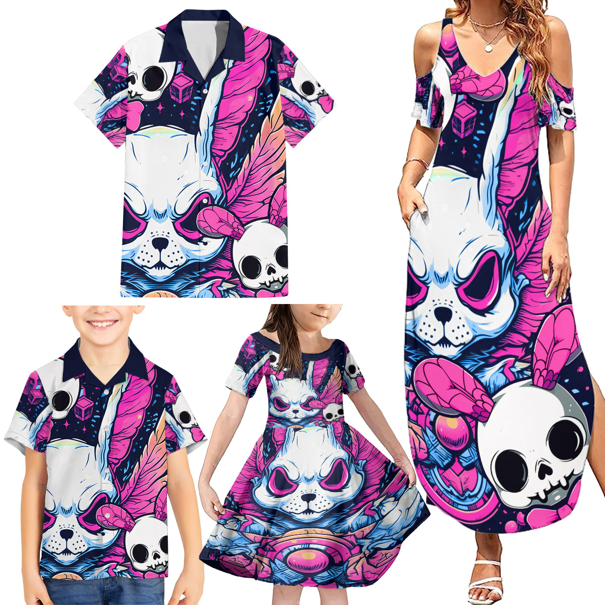 Crazy Rabbit Lady Family Matching Summer Maxi Dress and Hawaiian Shirt - Wonder Print Shop