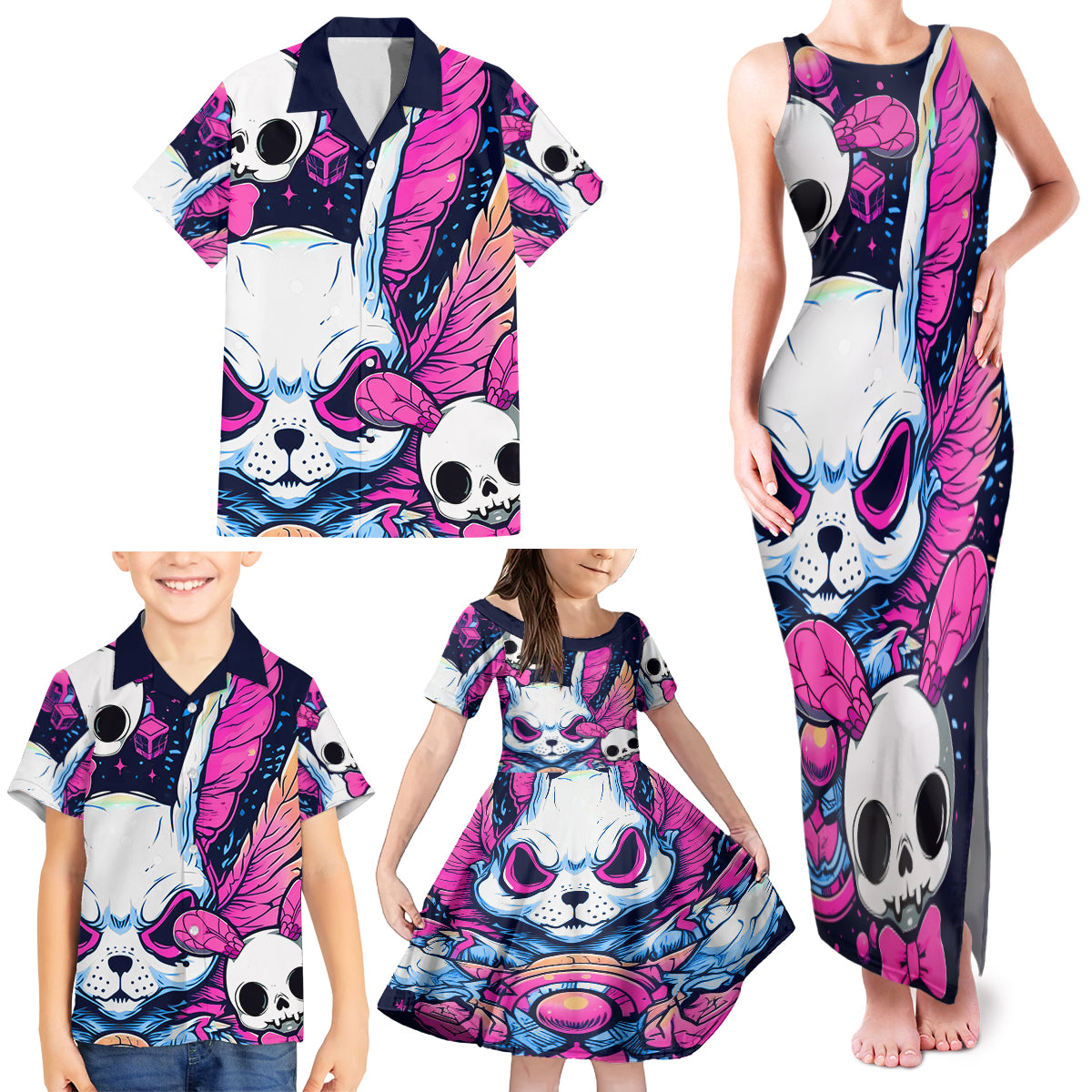 Crazy Rabbit Lady Family Matching Tank Maxi Dress and Hawaiian Shirt - Wonder Print Shop
