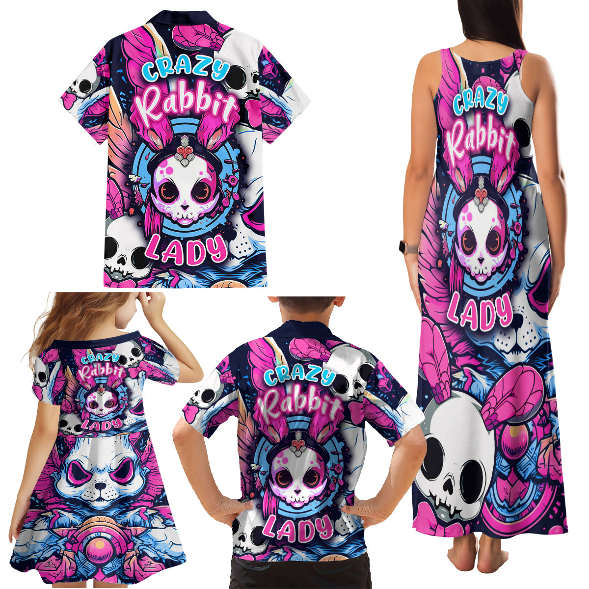 Crazy Rabbit Lady Family Matching Tank Maxi Dress and Hawaiian Shirt - Wonder Print Shop