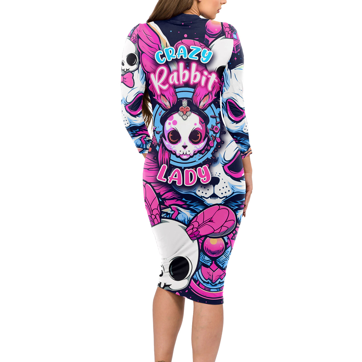 Crazy Rabbit Lady Long Sleeve Bodycon Dress - Wonder Print Shop