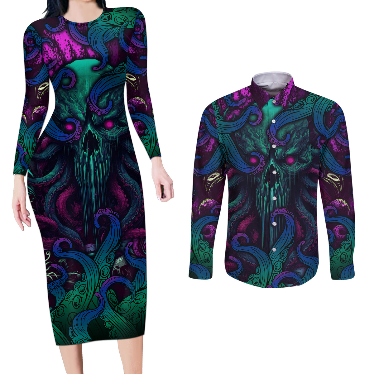 Spirit Of the Ocean Couples Matching Long Sleeve Bodycon Dress and Long Sleeve Button Shirts - Wonder Print Shop