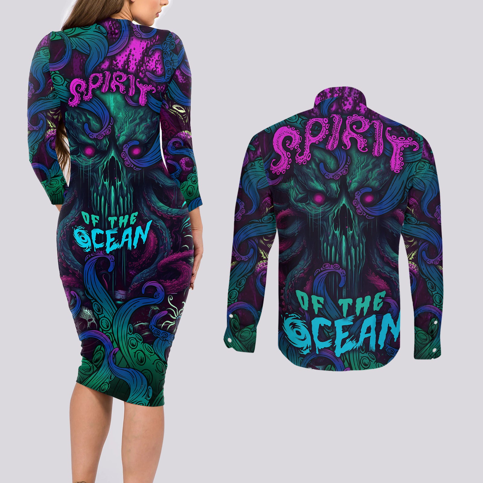 Spirit Of the Ocean Couples Matching Long Sleeve Bodycon Dress and Long Sleeve Button Shirts - Wonder Print Shop
