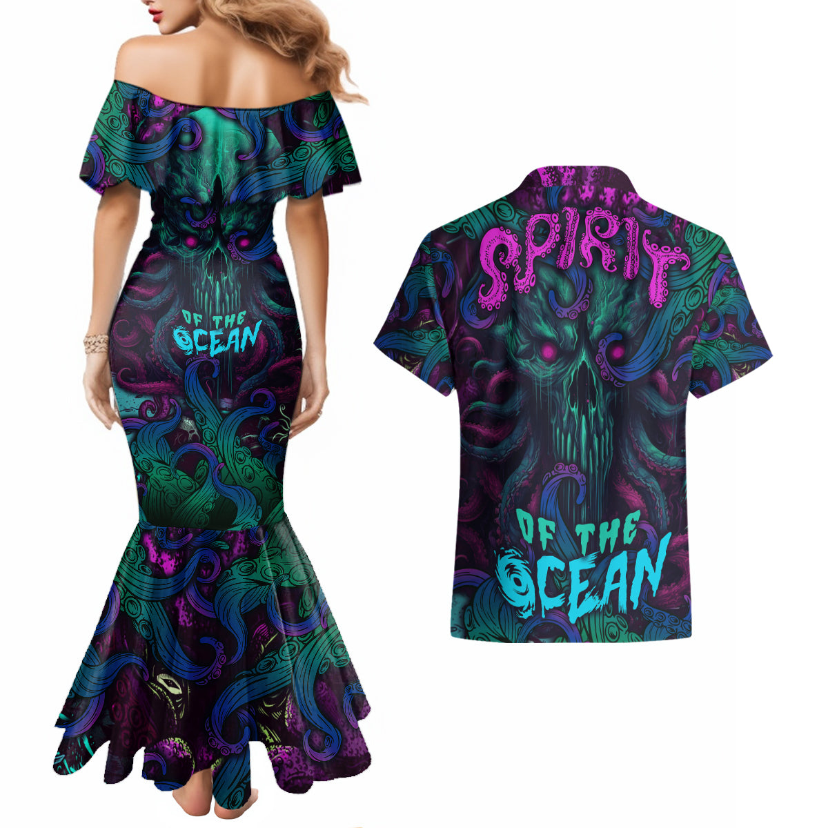 Spirit Of the Ocean Couples Matching Mermaid Dress and Hawaiian Shirt - Wonder Print Shop