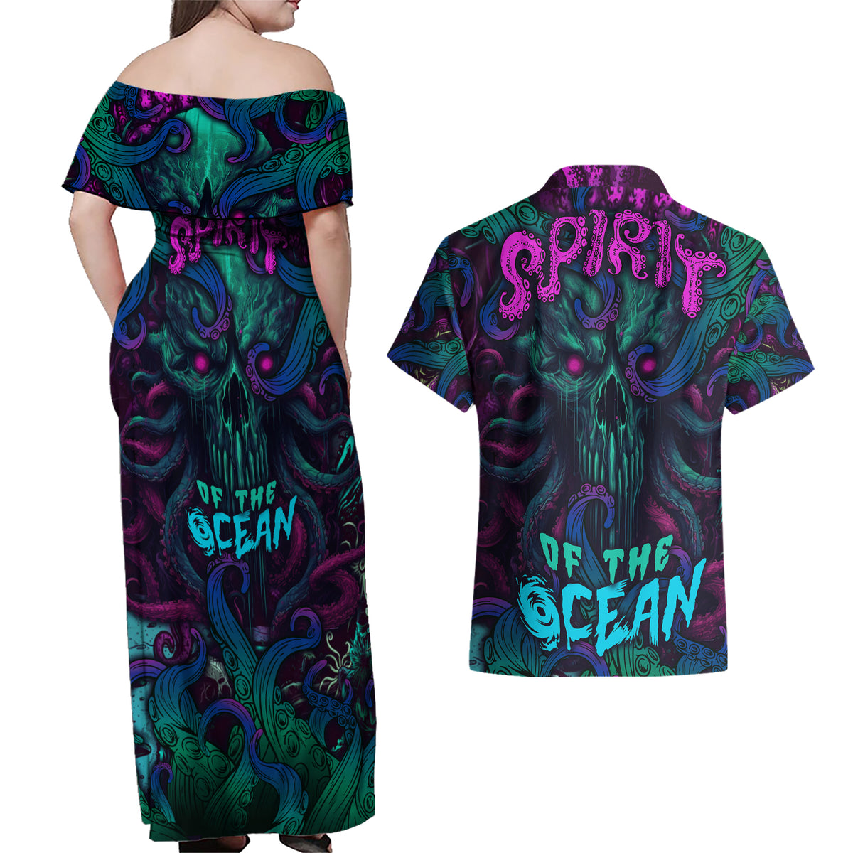 Spirit Of the Ocean Couples Matching Off Shoulder Maxi Dress and Hawaiian Shirt - Wonder Print Shop
