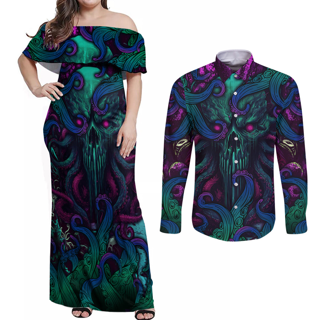 Spirit Of the Ocean Couples Matching Off Shoulder Maxi Dress and Long Sleeve Button Shirts - Wonder Print Shop