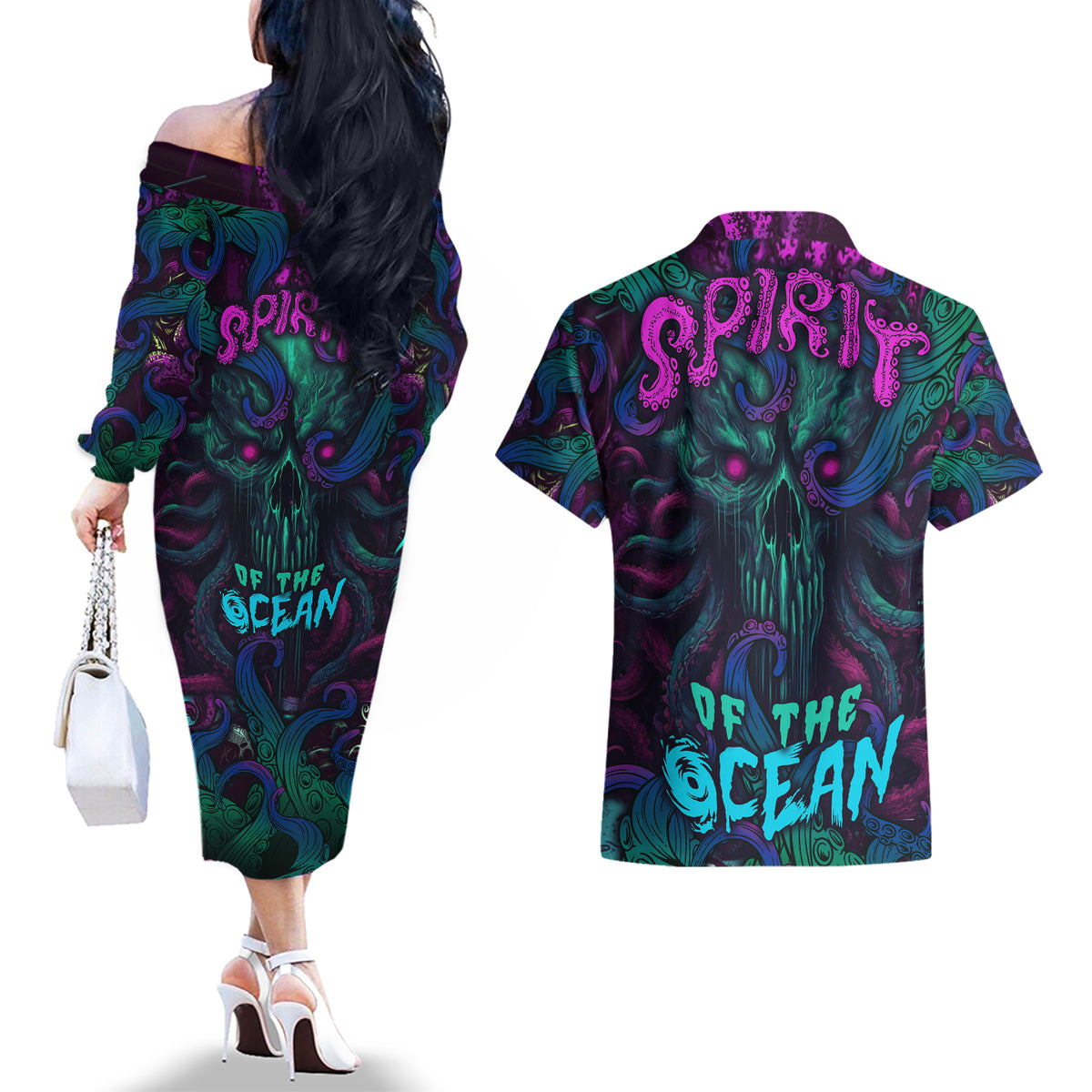 Spirit Of the Ocean Couples Matching Off The Shoulder Long Sleeve Dress and Hawaiian Shirt - Wonder Print Shop