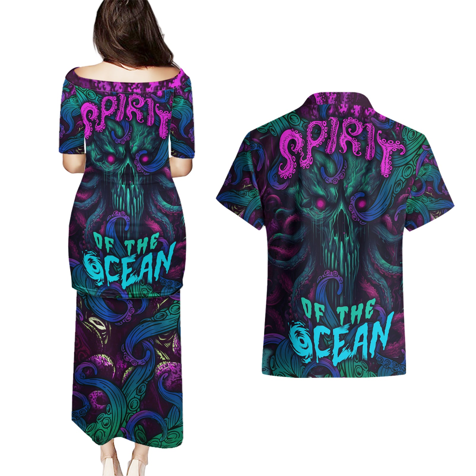 Spirit Of the Ocean Couples Matching Puletasi Dress and Hawaiian Shirt - Wonder Print Shop