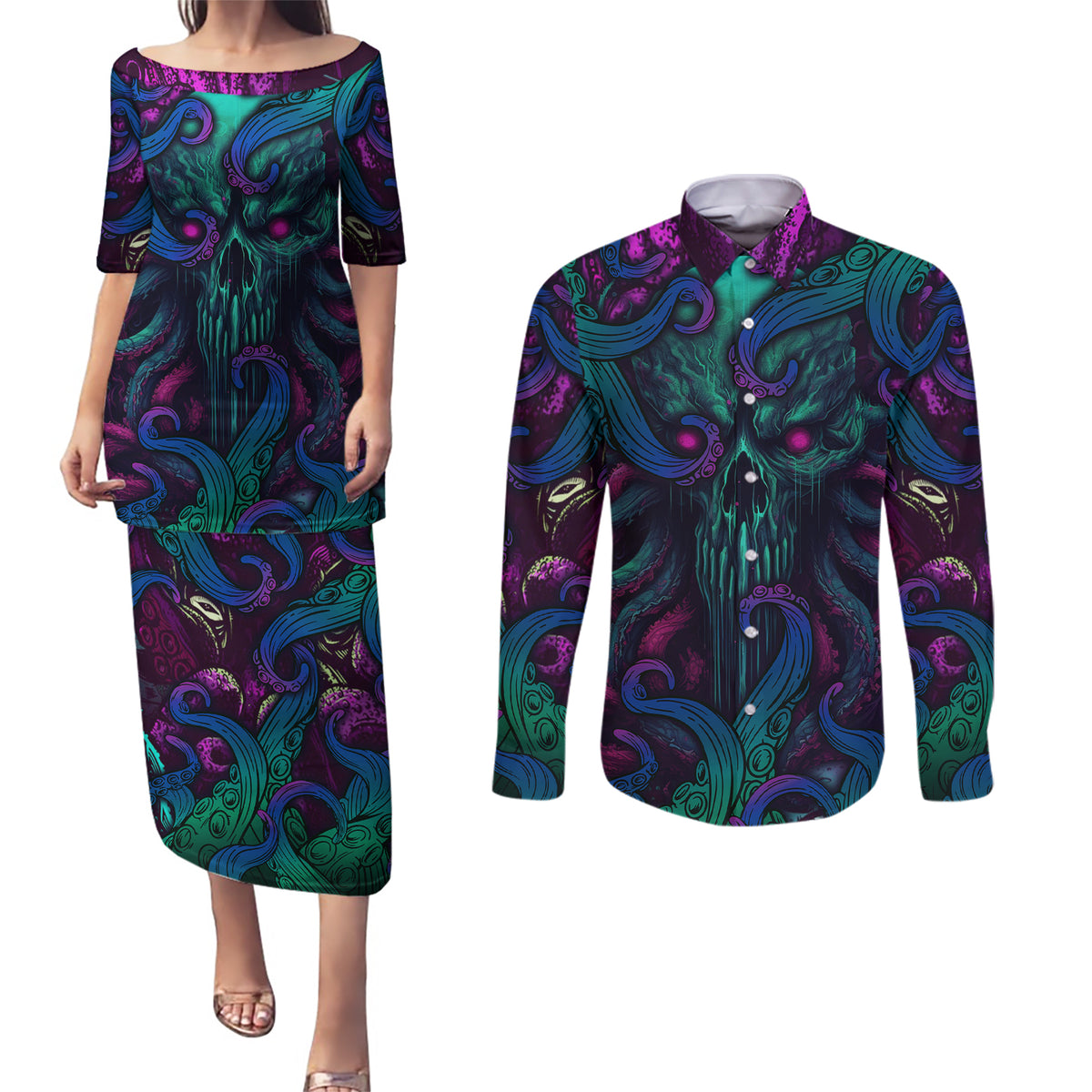 Spirit Of the Ocean Couples Matching Puletasi Dress and Long Sleeve Button Shirts - Wonder Print Shop