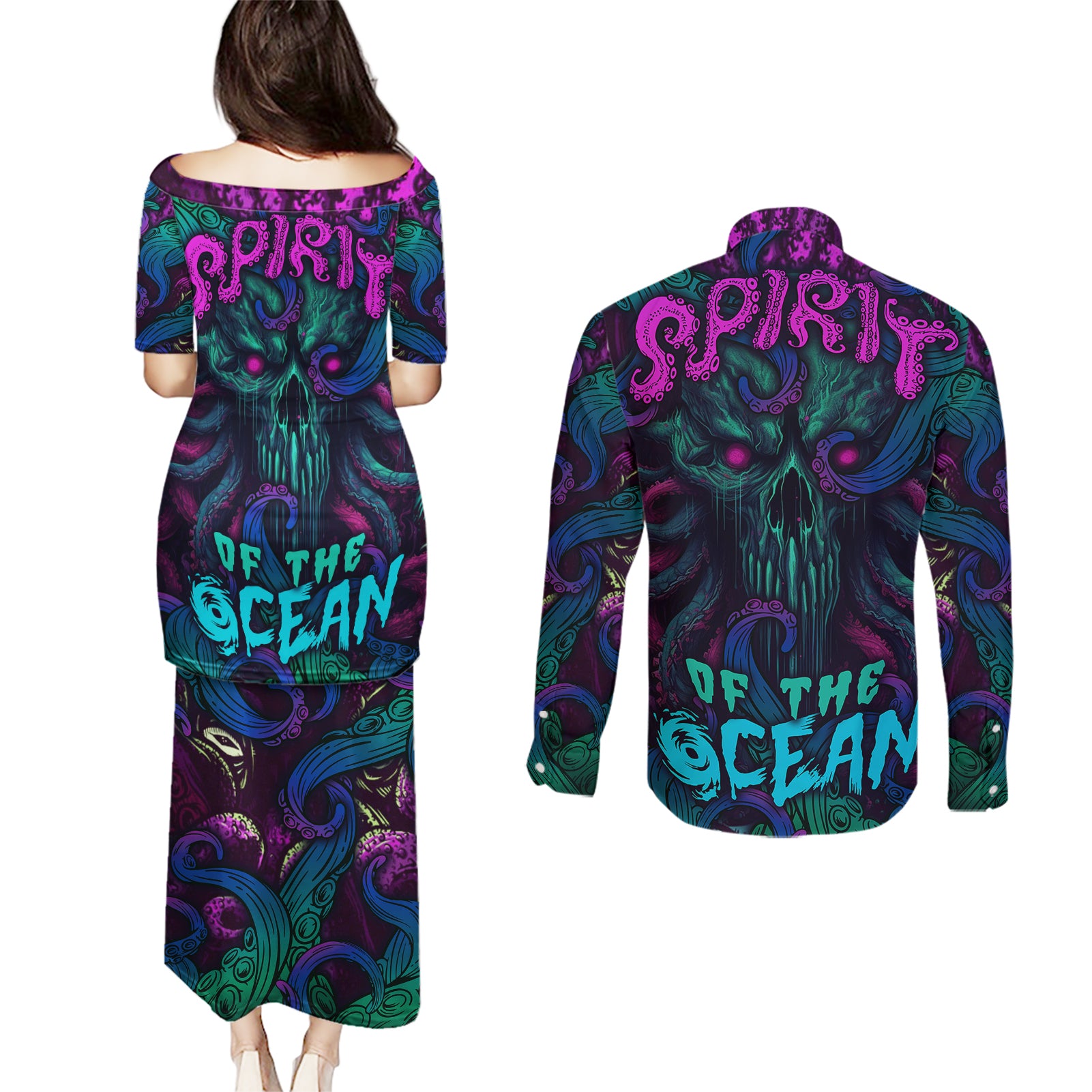 Spirit Of the Ocean Couples Matching Puletasi Dress and Long Sleeve Button Shirts - Wonder Print Shop