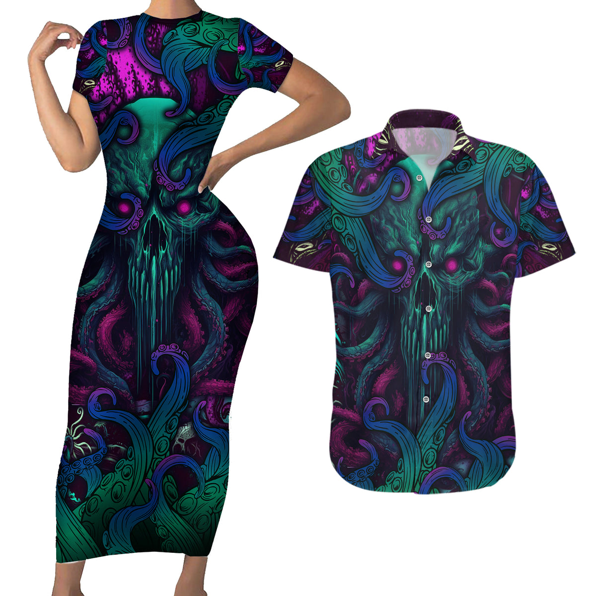 Spirit Of the Ocean Couples Matching Short Sleeve Bodycon Dress and Hawaiian Shirt - Wonder Print Shop