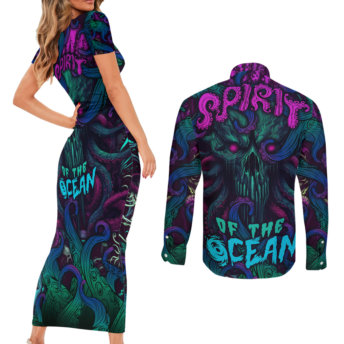 Spirit Of the Ocean Couples Matching Short Sleeve Bodycon Dress and Long Sleeve Button Shirts - Wonder Print Shop