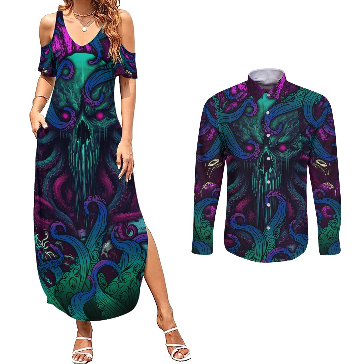 Spirit Of the Ocean Couples Matching Summer Maxi Dress and Long Sleeve Button Shirts - Wonder Print Shop