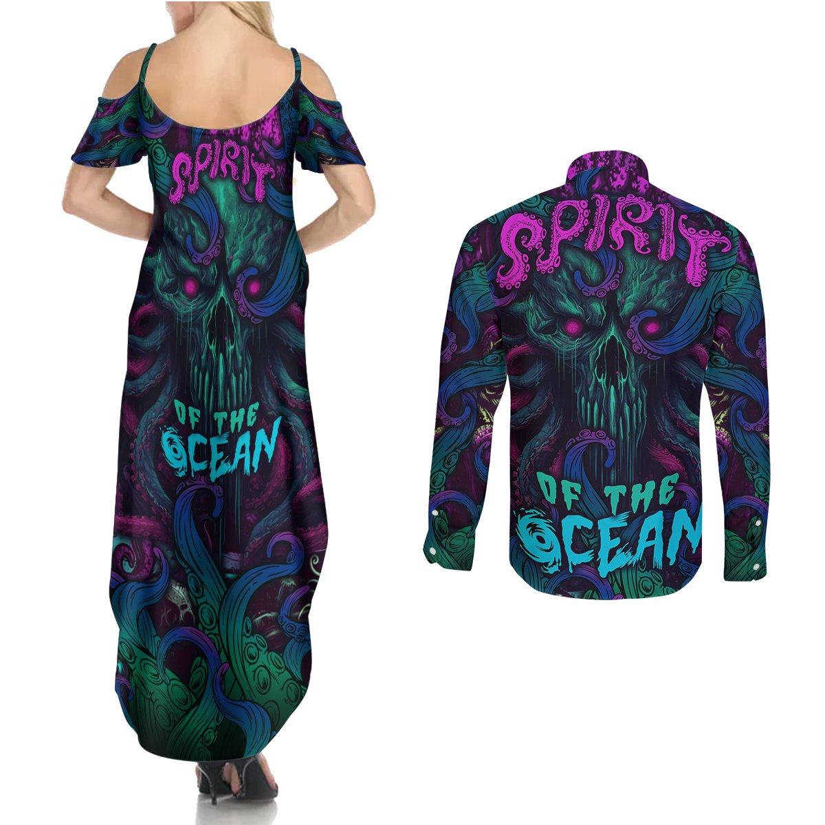 Spirit Of the Ocean Couples Matching Summer Maxi Dress and Long Sleeve Button Shirts - Wonder Print Shop