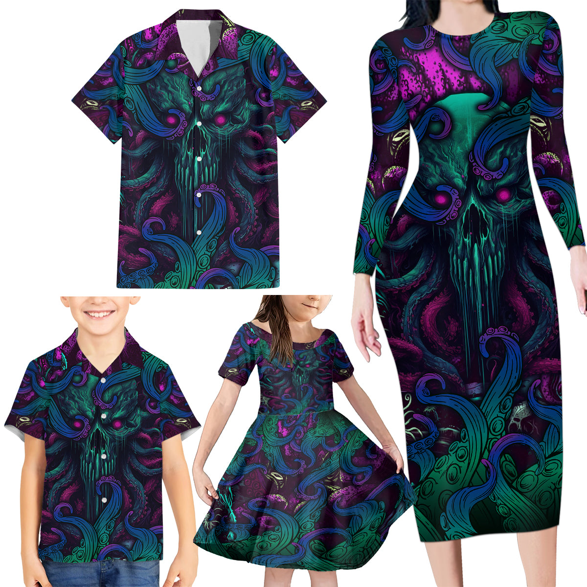 Spirit Of the Ocean Family Matching Long Sleeve Bodycon Dress and Hawaiian Shirt - Wonder Print Shop