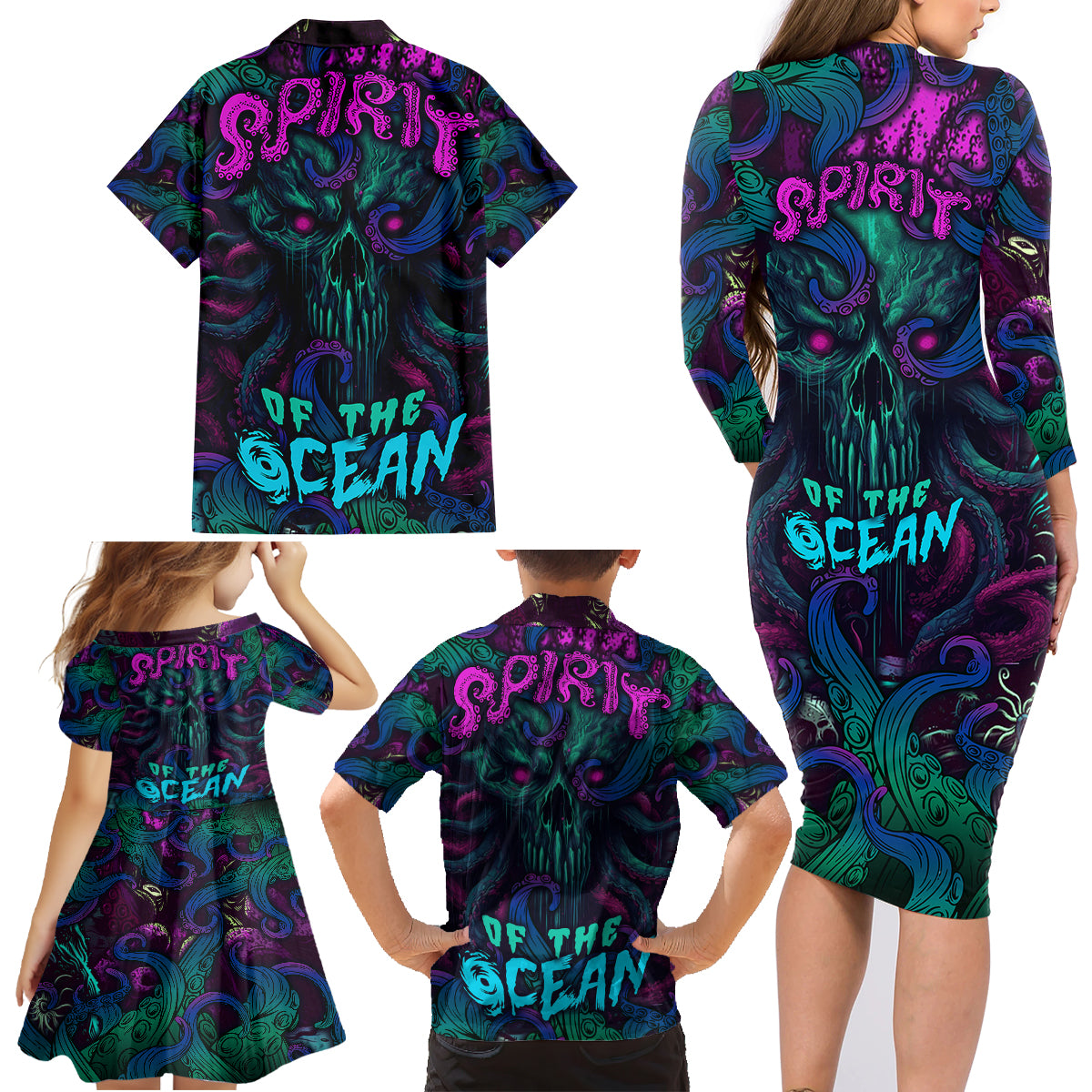 Spirit Of the Ocean Family Matching Long Sleeve Bodycon Dress and Hawaiian Shirt - Wonder Print Shop