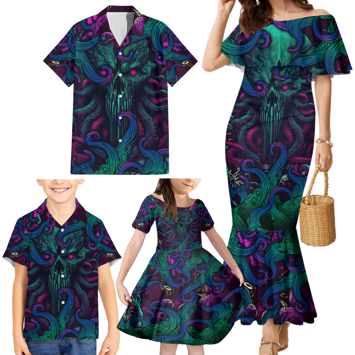 Spirit Of the Ocean Family Matching Mermaid Dress and Hawaiian Shirt - Wonder Print Shop