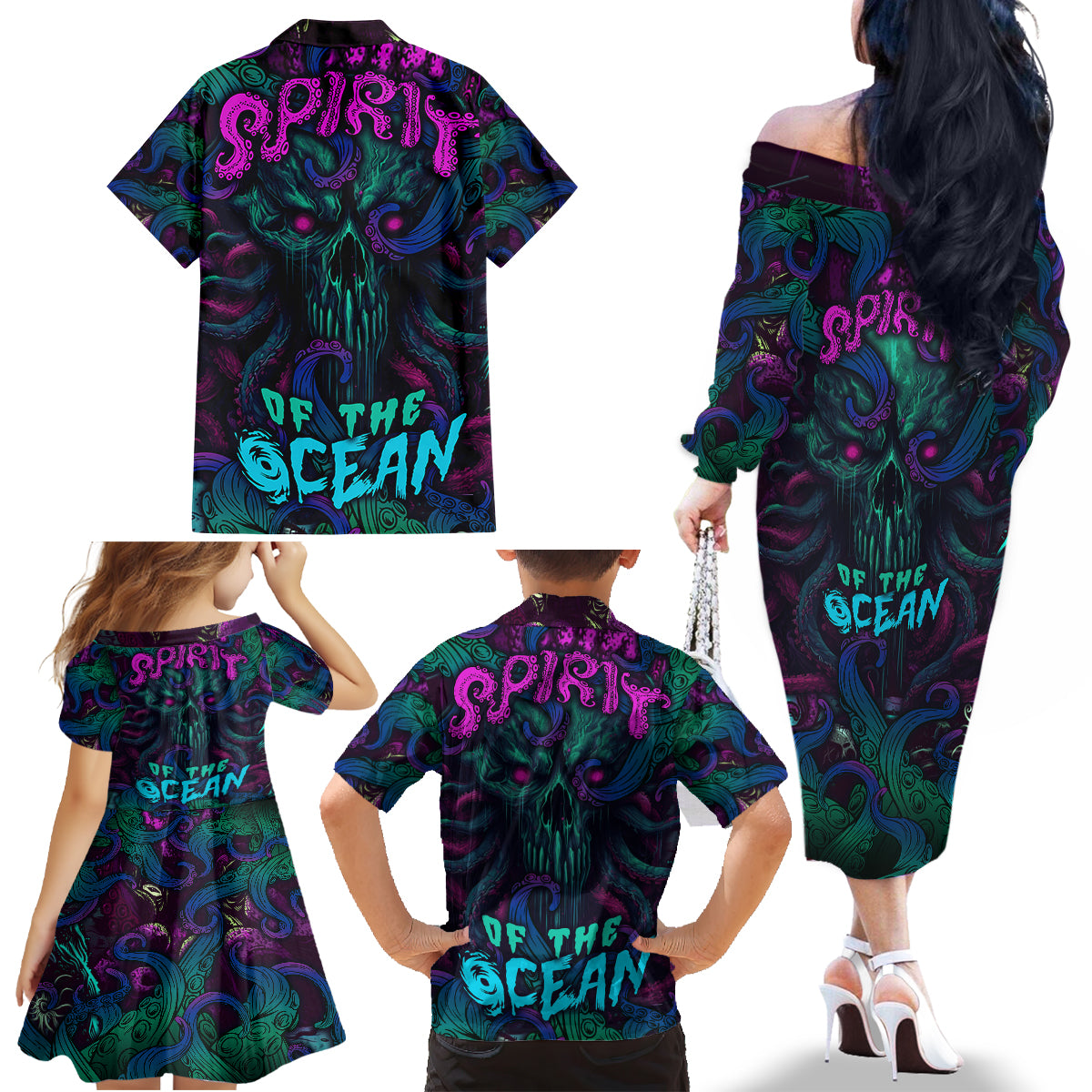 Spirit Of the Ocean Family Matching Off Shoulder Long Sleeve Dress and Hawaiian Shirt - Wonder Print Shop