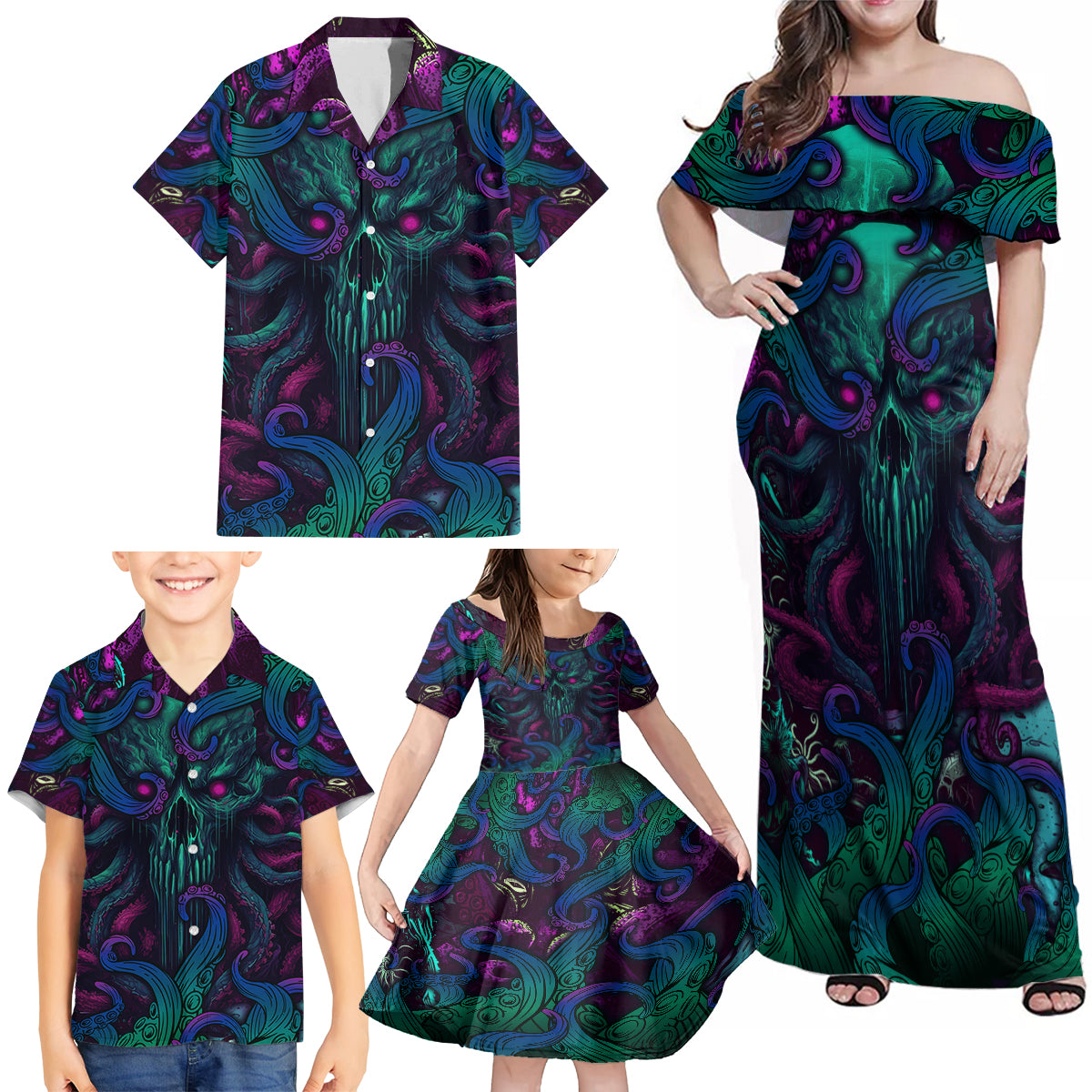 Spirit Of the Ocean Family Matching Off Shoulder Maxi Dress and Hawaiian Shirt - Wonder Print Shop