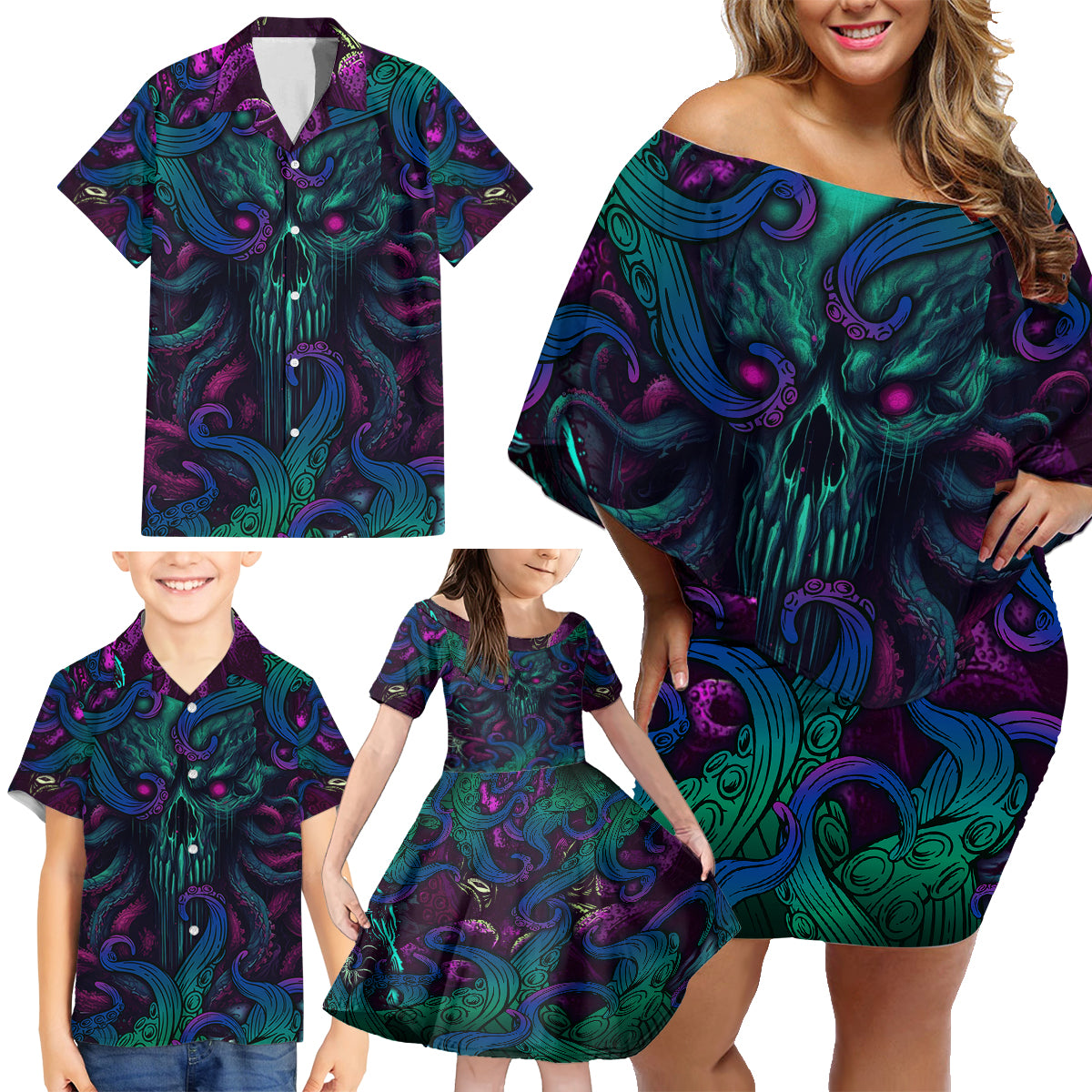 Spirit Of the Ocean Family Matching Off Shoulder Short Dress and Hawaiian Shirt - Wonder Print Shop